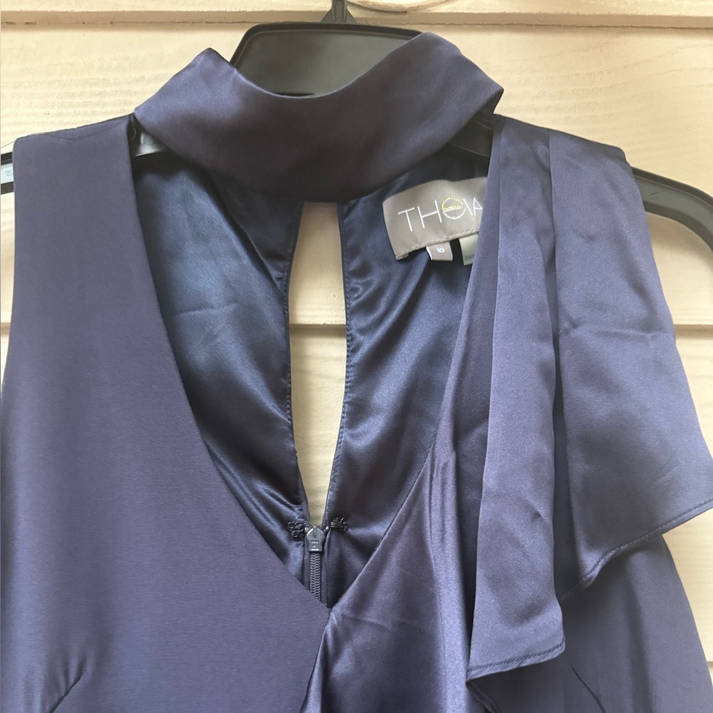 Theia sleeveless high neck navy blue dress with ruffles - Picture 3 of 10